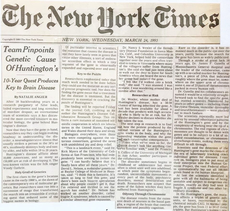 New York Times. Huntington's disease gene discovered.