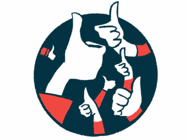 A half-dozen hands give the thumbs up sign from inside a black circle.