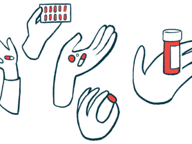 Five hands are shown holding various oral medications, with one type contained in a prescription medication bottle.