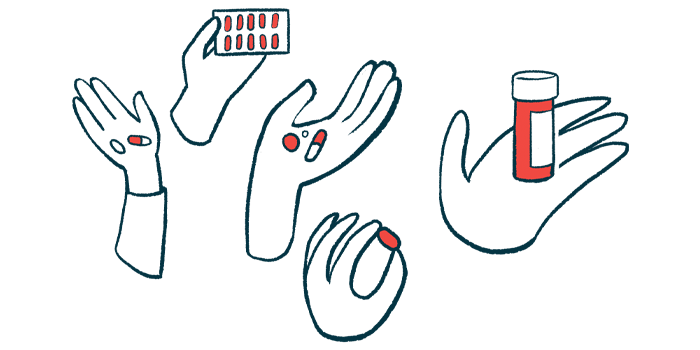 Hands holding various oral medications are shown in this illustration.