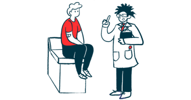 A doctor gestures with one hand while speaking with a patient who's sitting on an examining table.