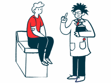 A doctor gestures with one hand and holds a clipboard in the other while speaking with a patient who's sitting on an examining table.
