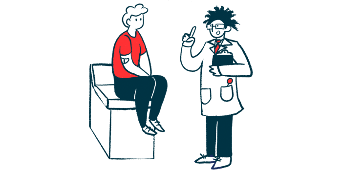 A doctor gestures with one hand while speaking with a patient who's sitting on an examining table.