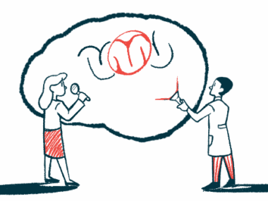 An illustration of two scientists examining a human brain.