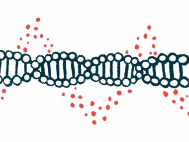 A close-up illustration of a strand of DNA highlights its double helix structure.