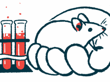 An oversized human hand holds a mouse alongside a rack of test tubes.