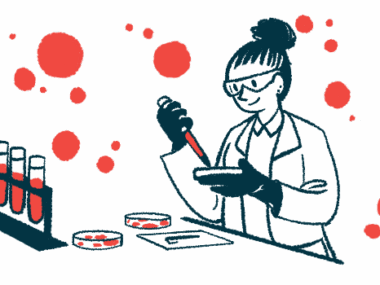 A scientist uses a dropper and petri dish to analyze blood samples in a lab, with rack of blood-filled vials nearby.