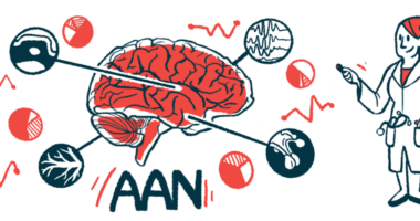 An illustration for the AAN conference showing a scientist studying features of a human brain.