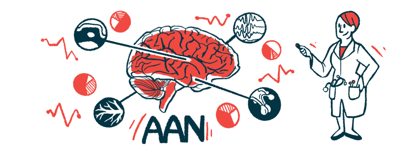 An illustration for the AAN conference showing a scientist studying features of a human brain.