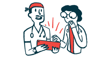 Two doctors show surprise while looking at a table screen.