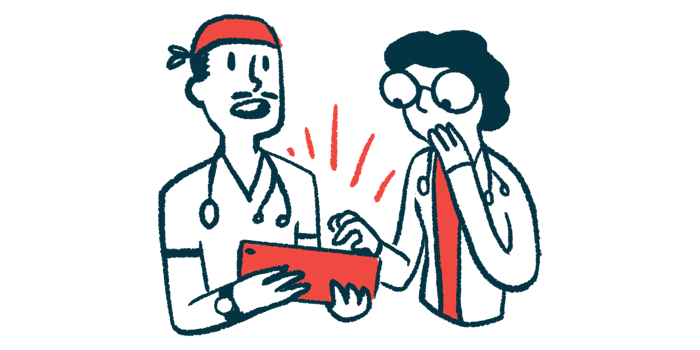 Two doctors show surprise while looking at a table screen.