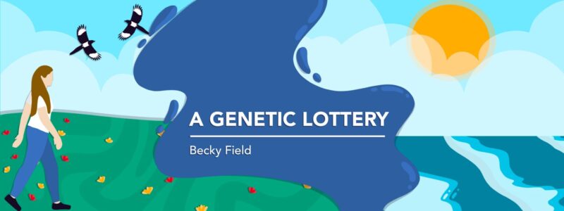 An illustration depicting a woman walking across a grassy field by the coast with birds flying above, with the banner "A Genetic Lottery" by Becky Field