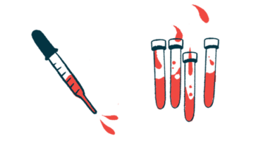 A dropper of blood hovers next to four vials.