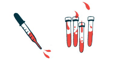 A dropper of blood hovers next to four vials.