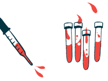 A dropper of blood hovers next to four vials.