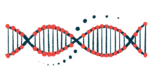A close-up view of a DNA strand, shown horizontally, highlights its ribbon-like structure.