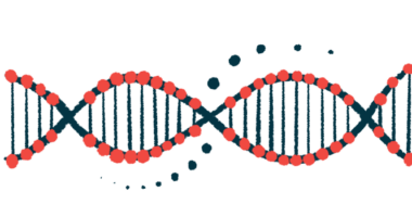 A close-up view of a DNA strand, shown horizontally, highlights its ribbon-like structure.