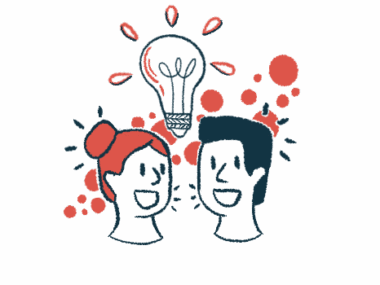 A giant light bulb floats above the heads of two people having an animated conversation.