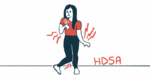 A woman is shown experiencing chorea, manifesting as involuntary movements of her arms and legs, as an illustration for the HDSA convention.