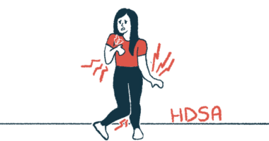 A woman is shown experiencing chorea, manifesting as involuntary movements of her arms and legs, as an illustration for the HDSA convention.