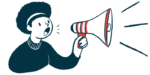 A woman speaks into a megaphone.