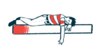 A person in a red and white striped shirt lies face down on a surface, appearing depressed