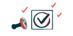 A rubber stamp of a check mark is shown alongside the stamper.