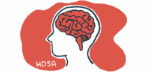 A outline of a human head with the brain highlighted is shown against a red background with 