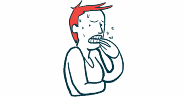 A person is seen experiencing psychological distress, sweating and biting fingernails.