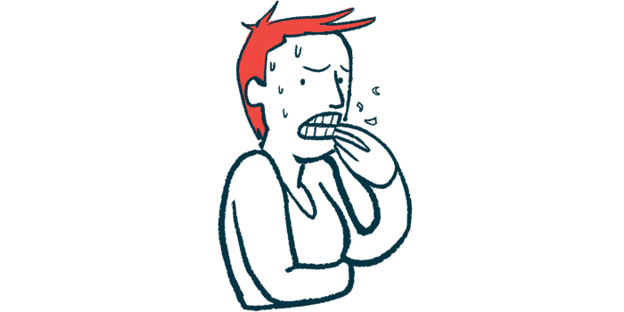 A person is seen experiencing psychological distress, sweating and biting fingernails.