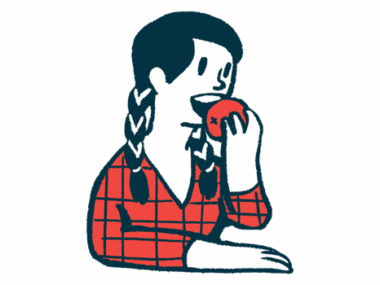 A person eats an apple.