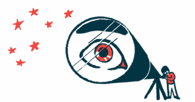 A person looks at stars through a telescope, with an enlarged view of their eye seen in the lens.