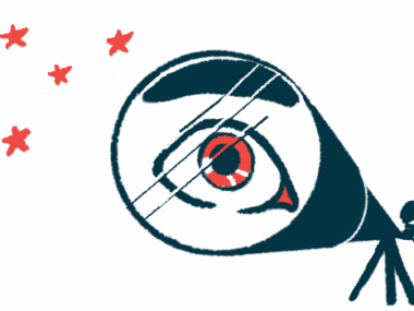 A person looks at stars through a telescope, with an enlarged view of their eye seen in the lens.