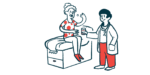 A patient seated on an examining table is seen taking an oral medication as a clinician offers a glass of water.