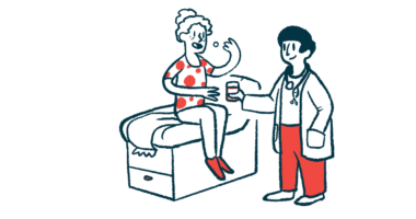 A patient seated on an examining table is seen taking an oral medication as a clinician offers a glass of water.