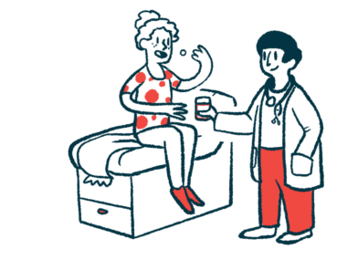 A patient seated on an examining table is seen taking an oral medication as a clinician offers a glass of water.