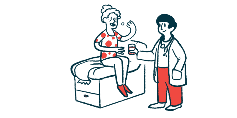 A patient seated on an examining table is seen taking an oral medication as a clinician offers a glass of water.