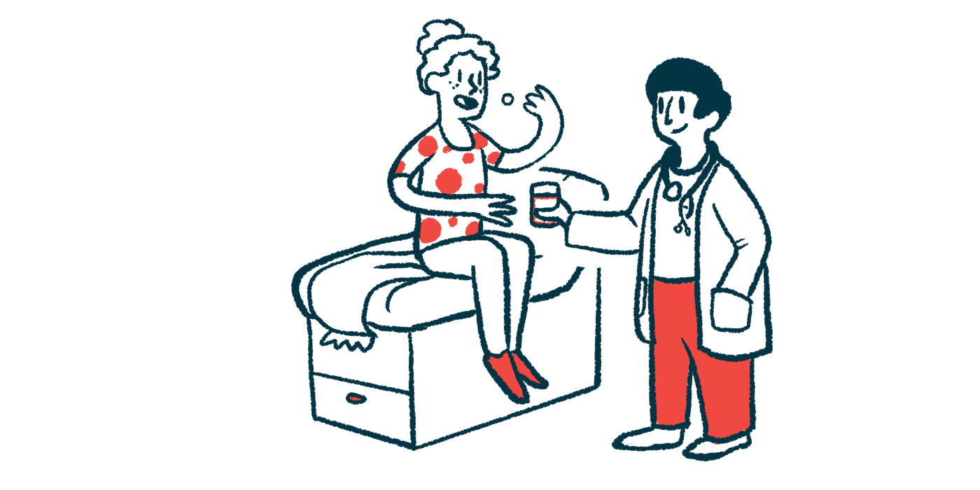 A patient seated on an examining table is seen taking an oral medication as a clinician offers a glass of water.