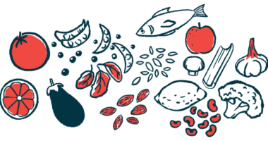 An illustration shows a variety of healthy foods, including fruits, vegetables, and fish.