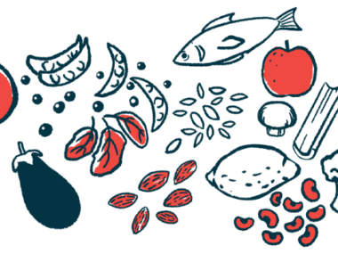 An illustration shows a variety of healthy foods, including fruits, vegetables, and fish.