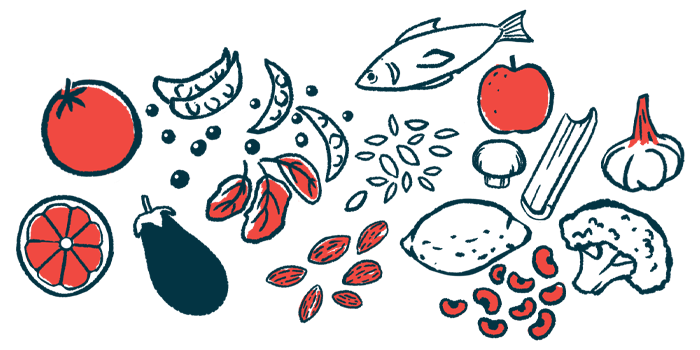 An illustration shows a variety of healthy foods, including fruits, vegetables, and fish.